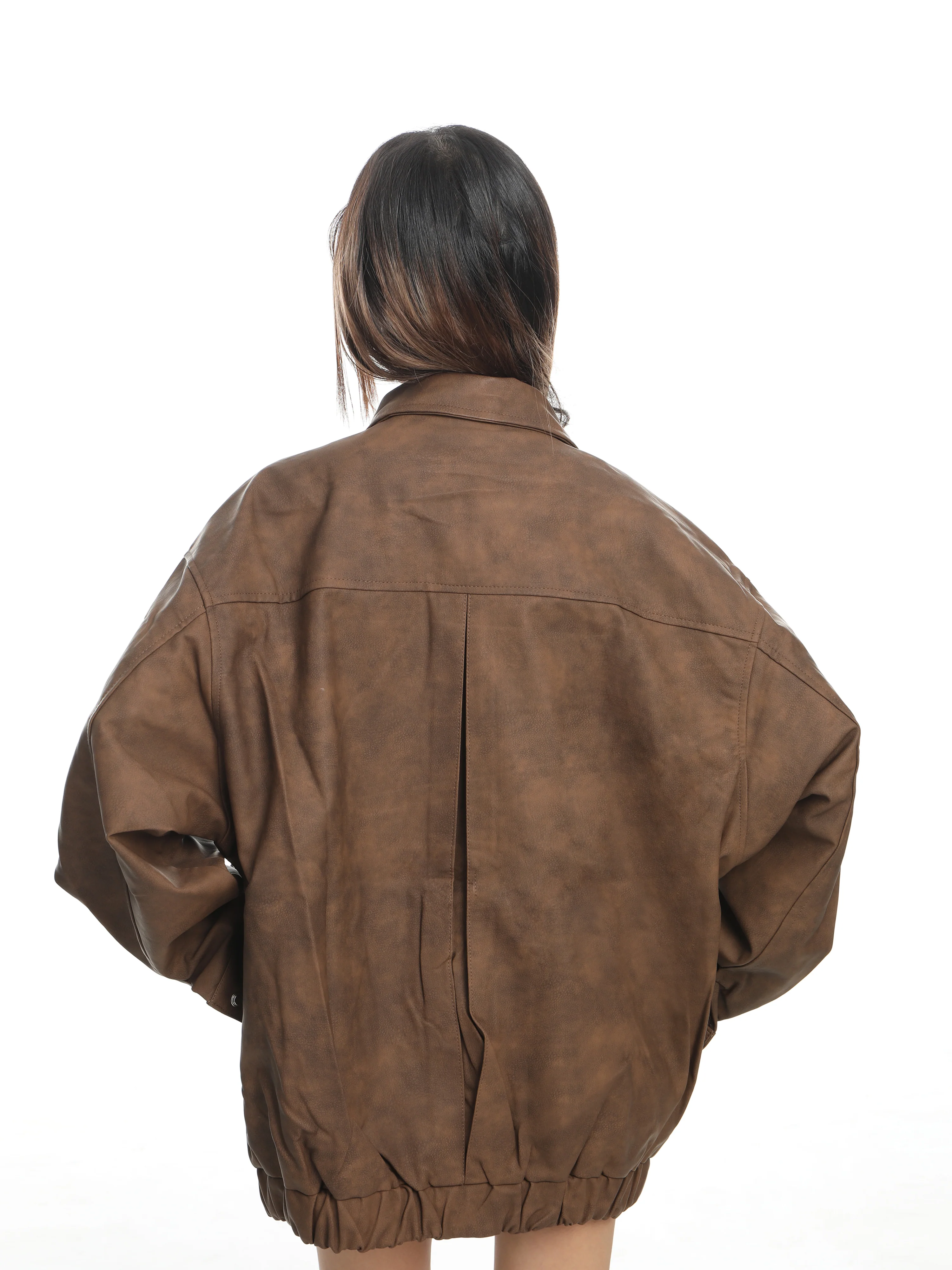 Oversized Fireman Buckle Faux Leather Jacket with Brooch - Image 5