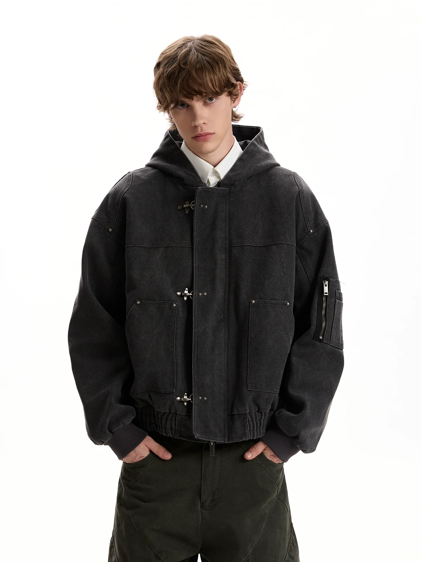 Oversized Fireman Clasp Hooded Worker Jacket - Image 7