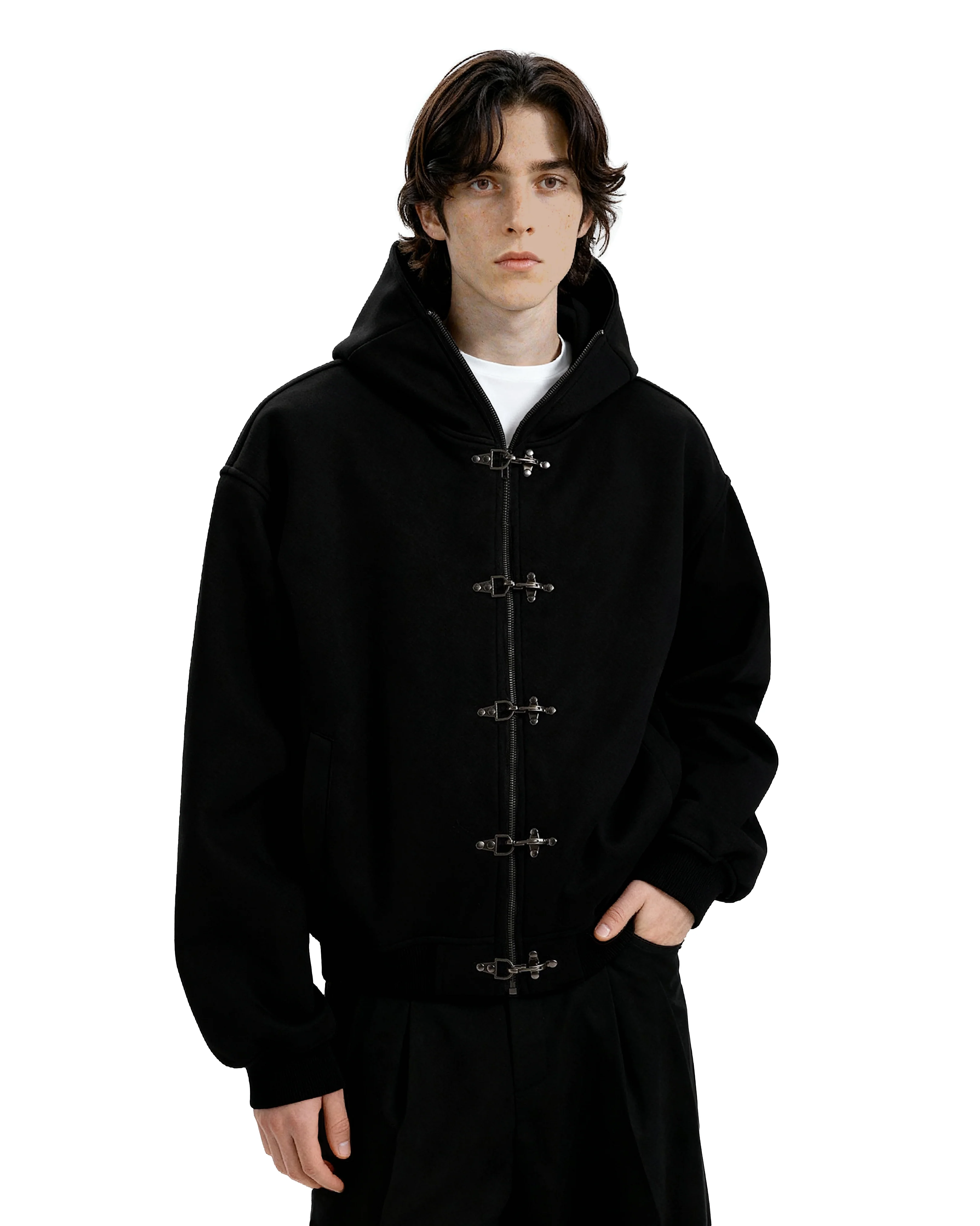 Oversized Fireman Clasp Zip-Up Hooded Bomber Jacket - Image 3