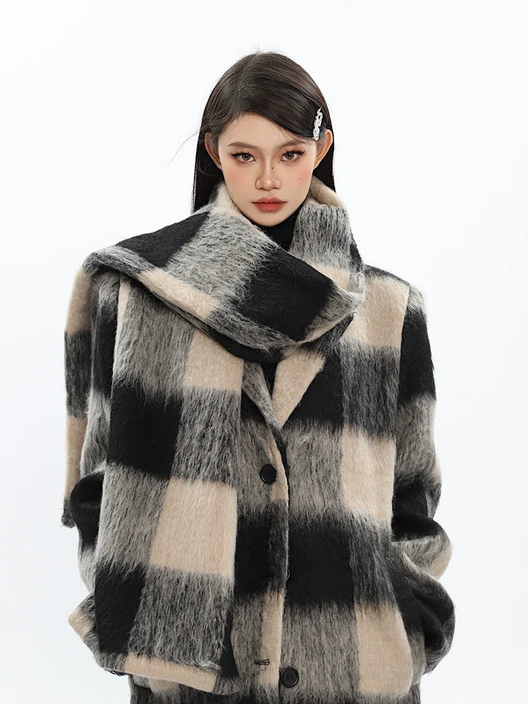 Oversized Fuzzy Checkered Overcoat with Scarf Detail - Image 11