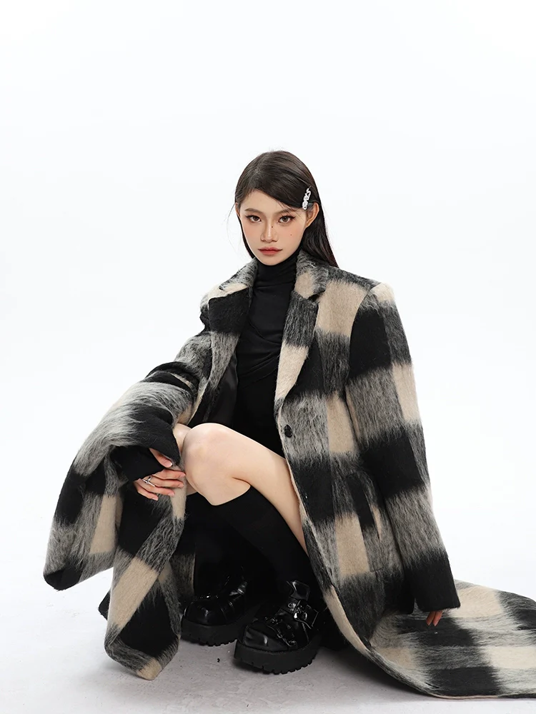 Oversized Fuzzy Checkered Overcoat with Scarf Detail - Image 16