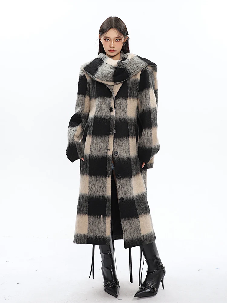 Oversized Fuzzy Checkered Overcoat with Scarf Detail - Image 3