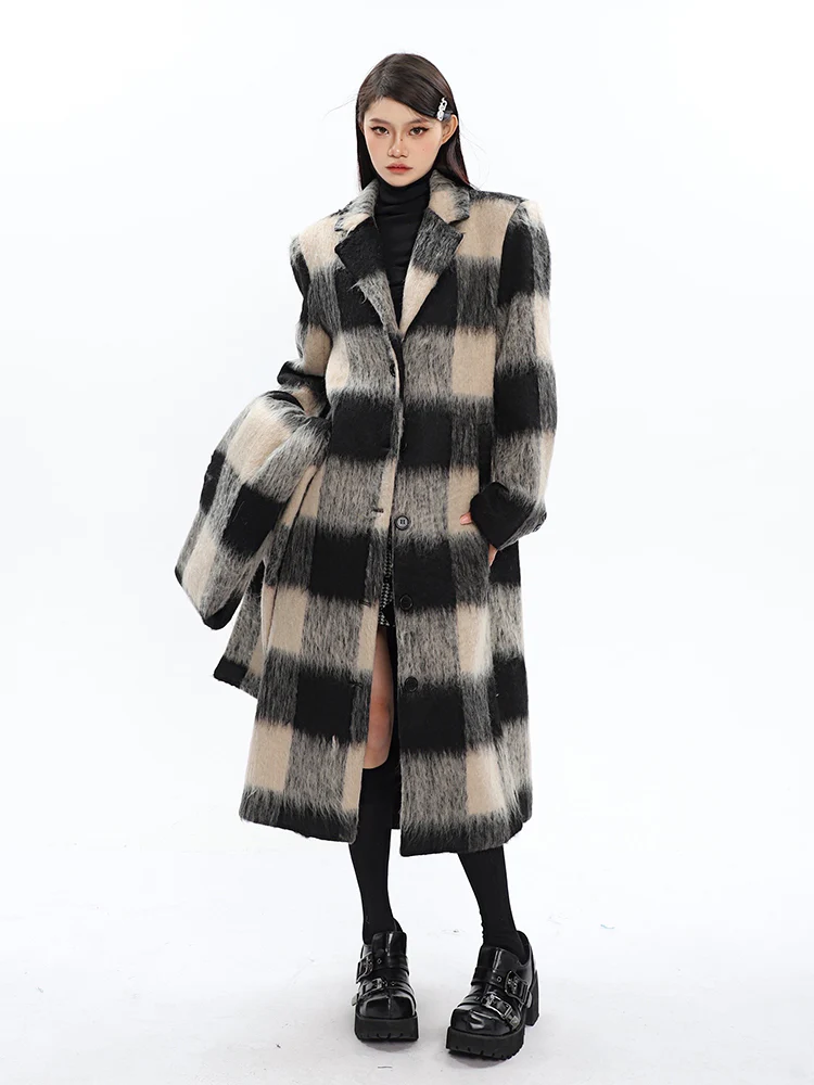 Oversized Fuzzy Checkered Overcoat with Scarf Detail - Image 4