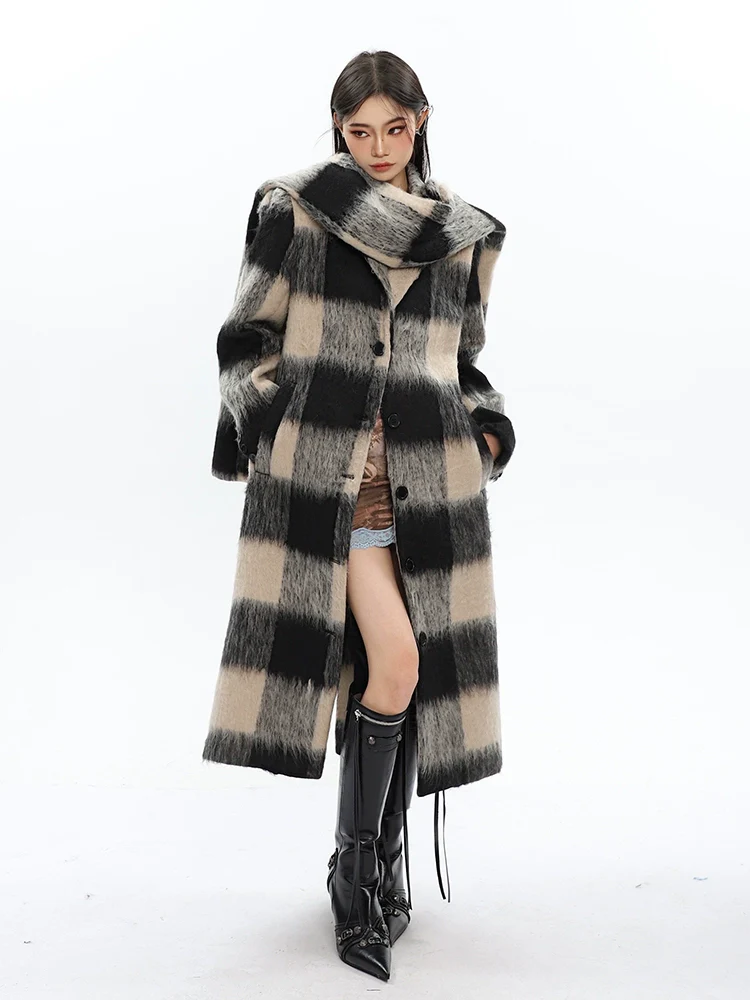 Oversized Fuzzy Checkered Overcoat with Scarf Detail - Image 5