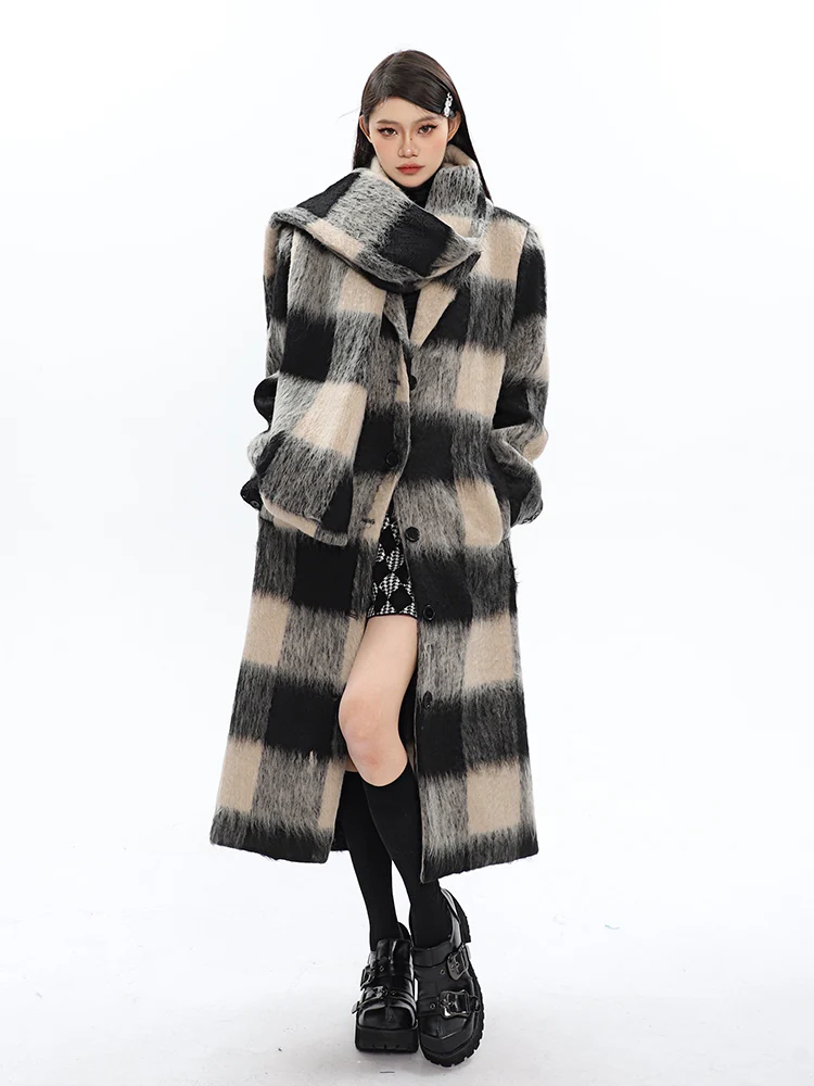 Oversized Fuzzy Checkered Overcoat with Scarf Detail - Image 6