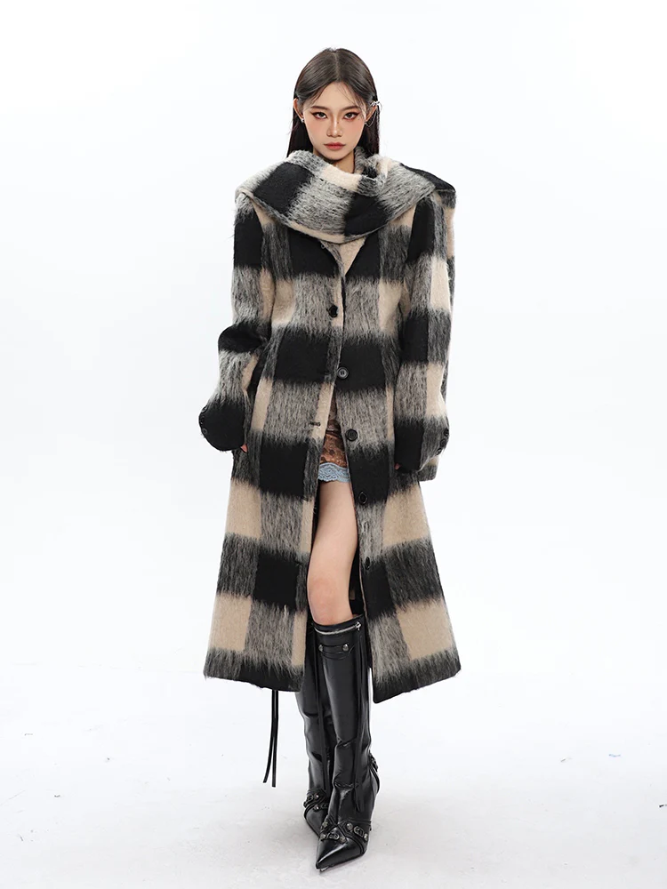 Oversized Fuzzy Checkered Overcoat with Scarf Detail - Image 7