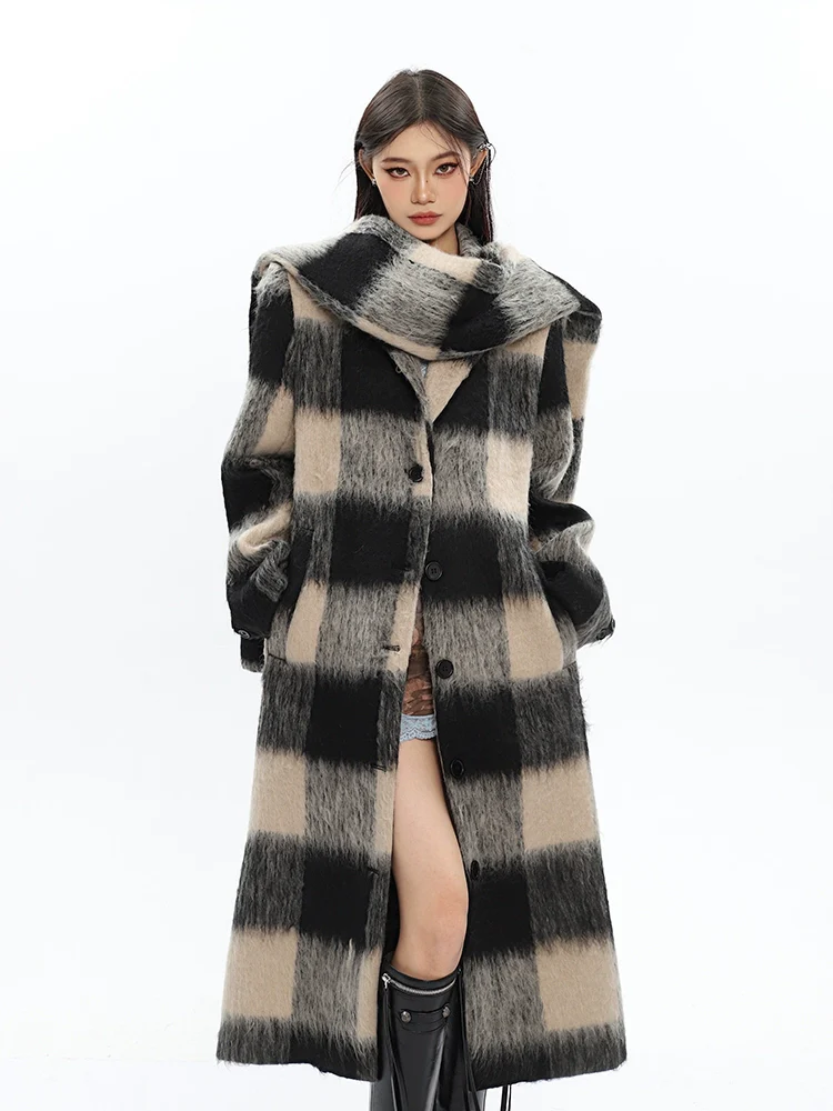 Oversized Fuzzy Checkered Overcoat with Scarf Detail - Image 9