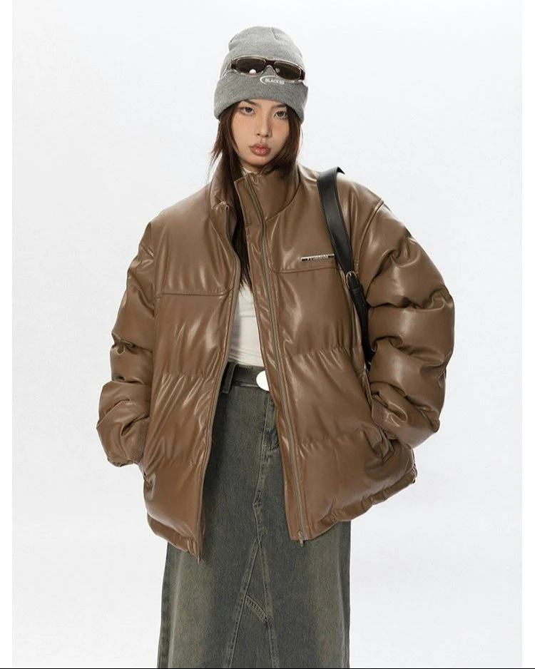 Oversized Glossy Puffer Jacket with High Collar - Image 12