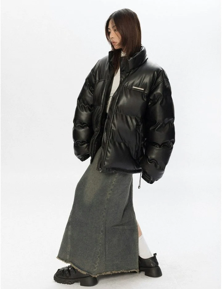 Oversized Glossy Puffer Jacket with High Collar - Image 8