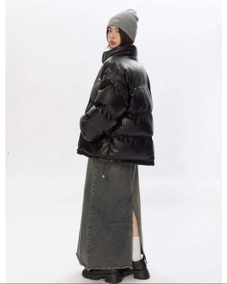 Oversized Glossy Puffer Jacket with High Collar - Image 9
