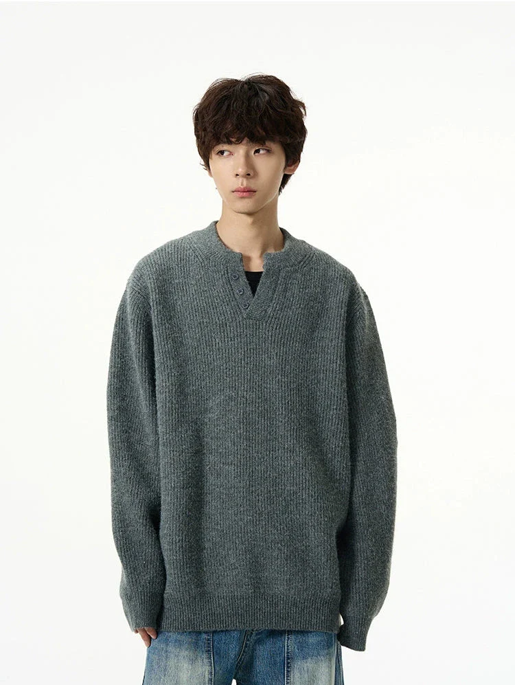 Oversized Half Button V-Neck Fuzzy Sweater - Image 2