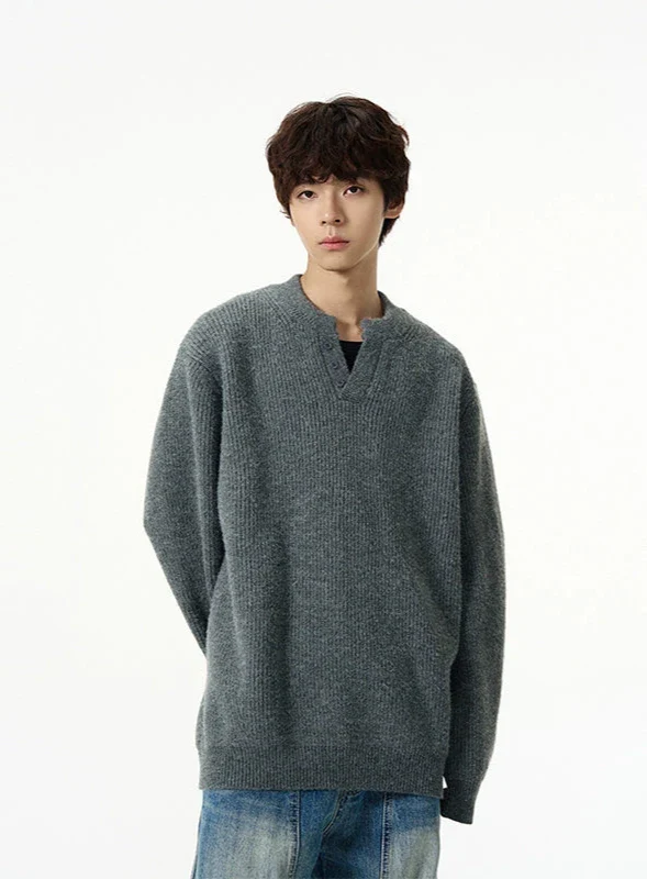 Oversized Half Button V-Neck Fuzzy Sweater - Image 3