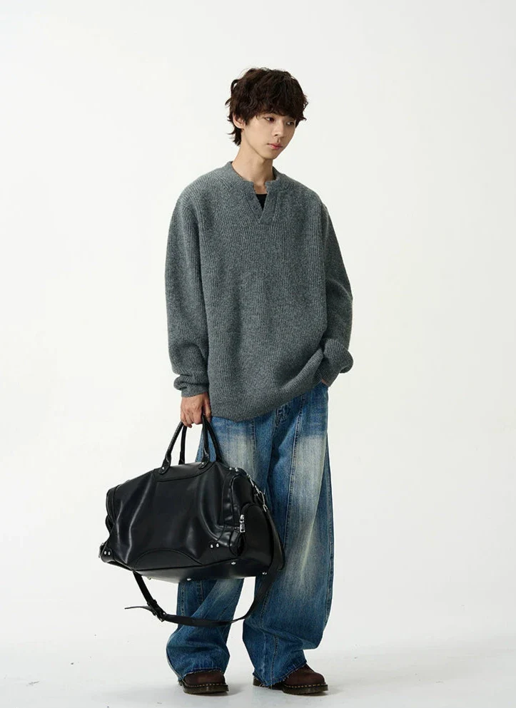 Oversized Half Button V-Neck Fuzzy Sweater - Image 7