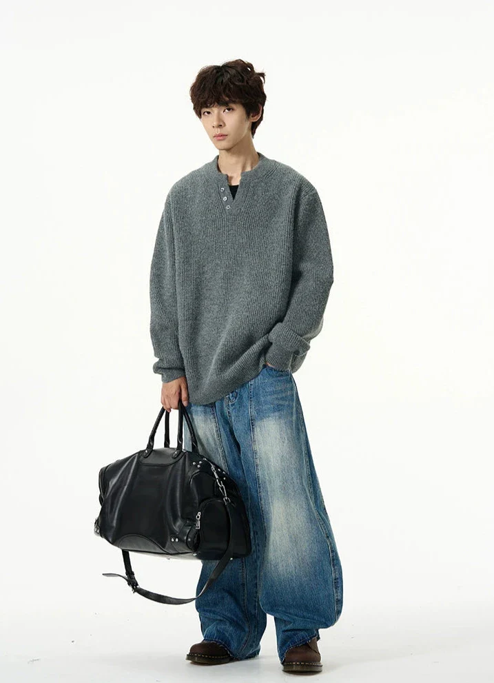 Oversized Half Button V-Neck Fuzzy Sweater - Image 8