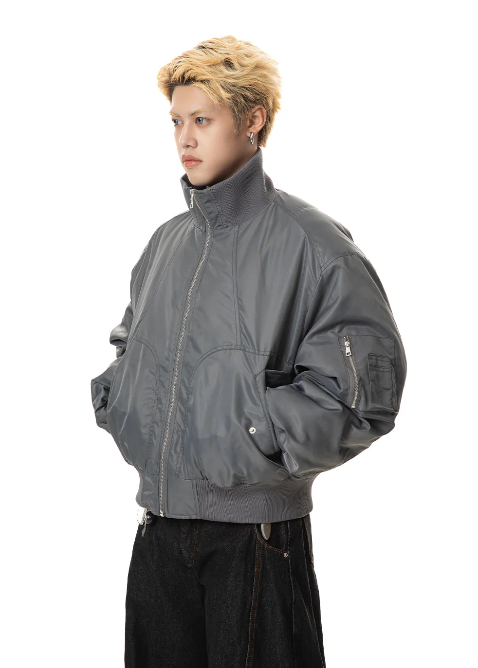 Oversized High-Collar Satin-Lined Vintage Bomber Jacket - Image 2
