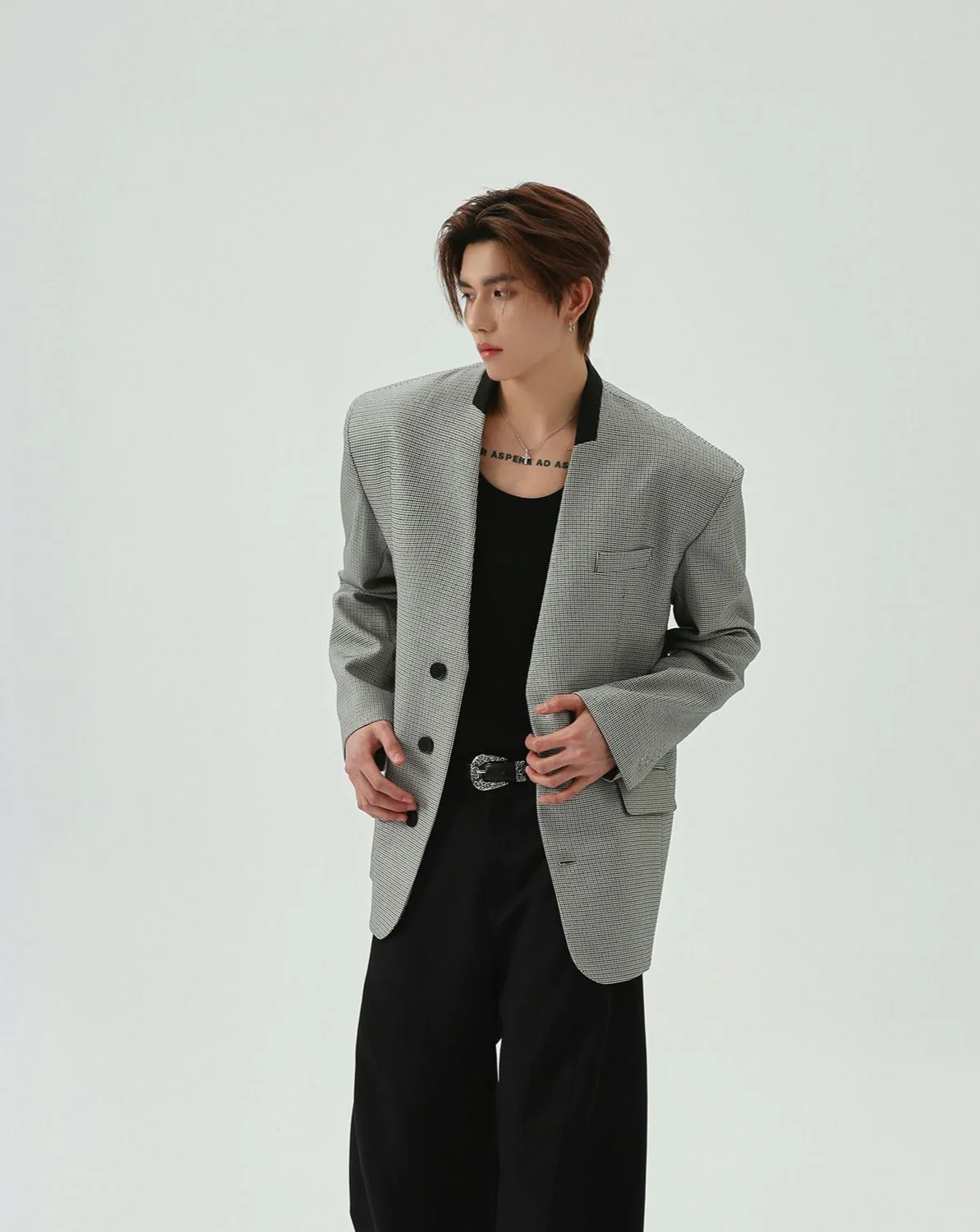 Oversized Houndstooth Pattern Single Breasted Blazer - Image 3