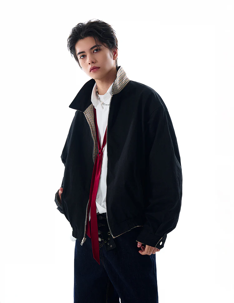 Oversized Houndstooth Reversible Zip Jacket with Elastic Trim - Image 10