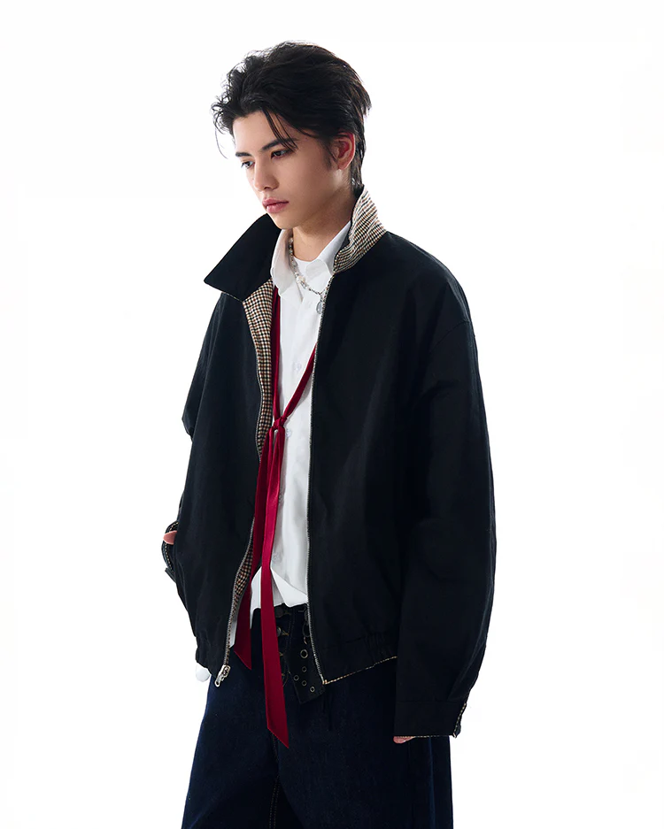 Oversized Houndstooth Reversible Zip Jacket with Elastic Trim - Image 11