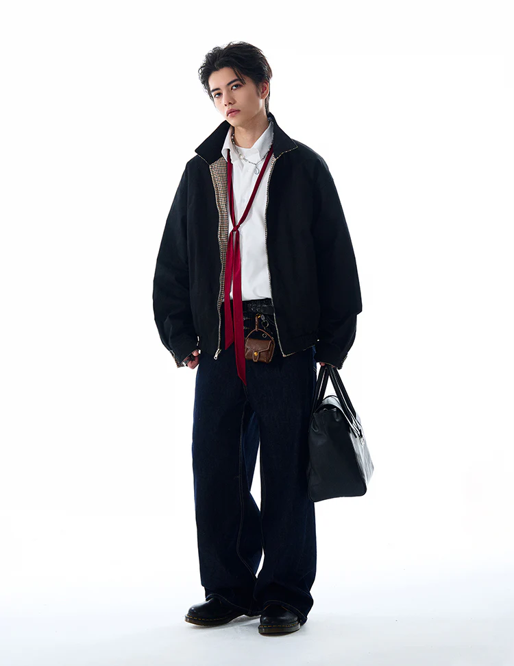 Oversized Houndstooth Reversible Zip Jacket with Elastic Trim - Image 12