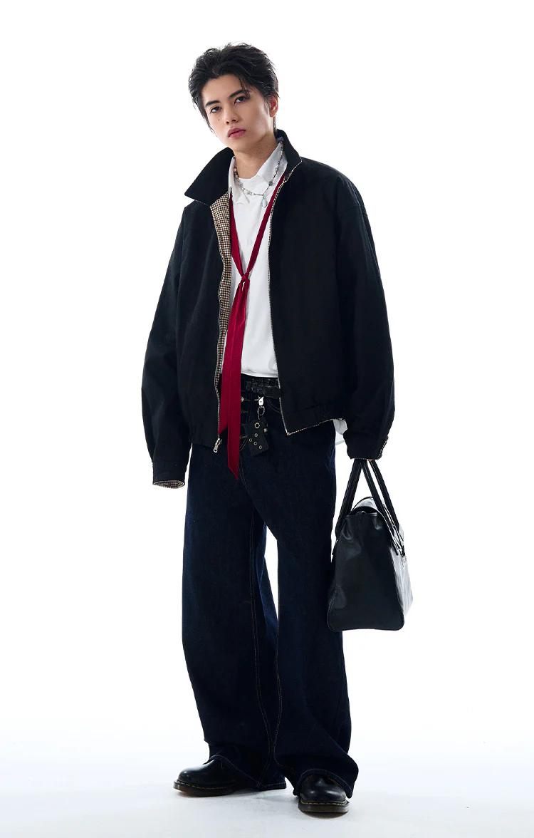 Oversized Houndstooth Reversible Zip Jacket with Elastic Trim - Image 13