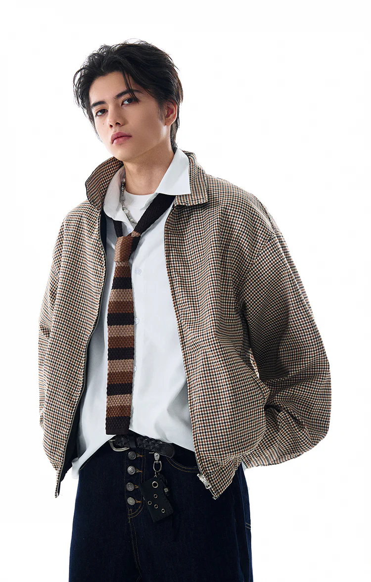 Oversized Houndstooth Reversible Zip Jacket with Elastic Trim - Image 2