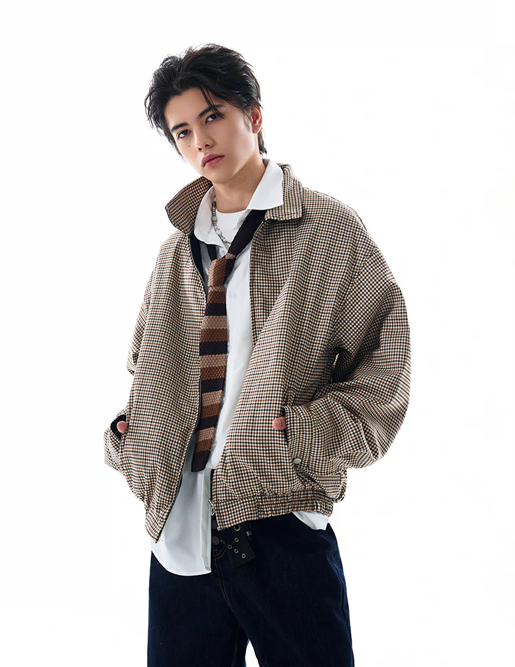 Oversized Houndstooth Reversible Zip Jacket with Elastic Trim - Image 3