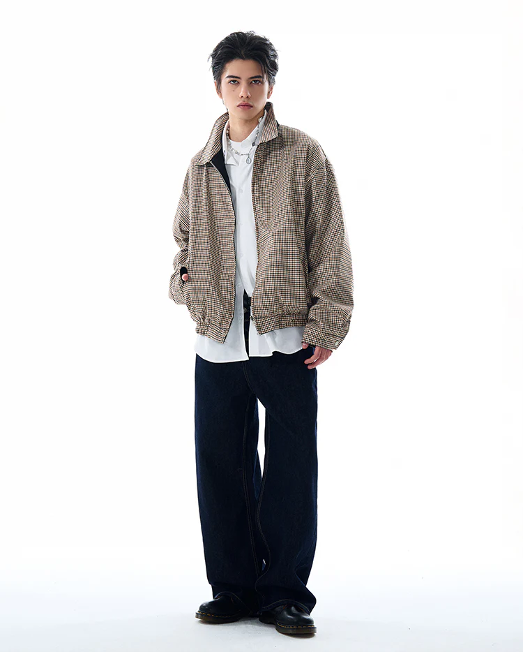Oversized Houndstooth Reversible Zip Jacket with Elastic Trim - Image 4