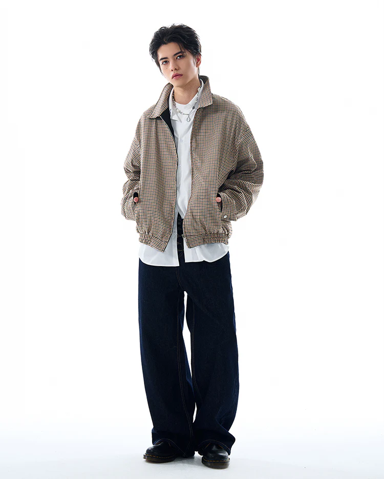 Oversized Houndstooth Reversible Zip Jacket with Elastic Trim - Image 5