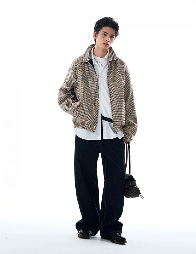 Oversized Houndstooth Reversible Zip Jacket with Elastic Trim - Image 7