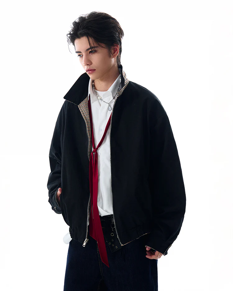 Oversized Houndstooth Reversible Zip Jacket with Elastic Trim - Image 9