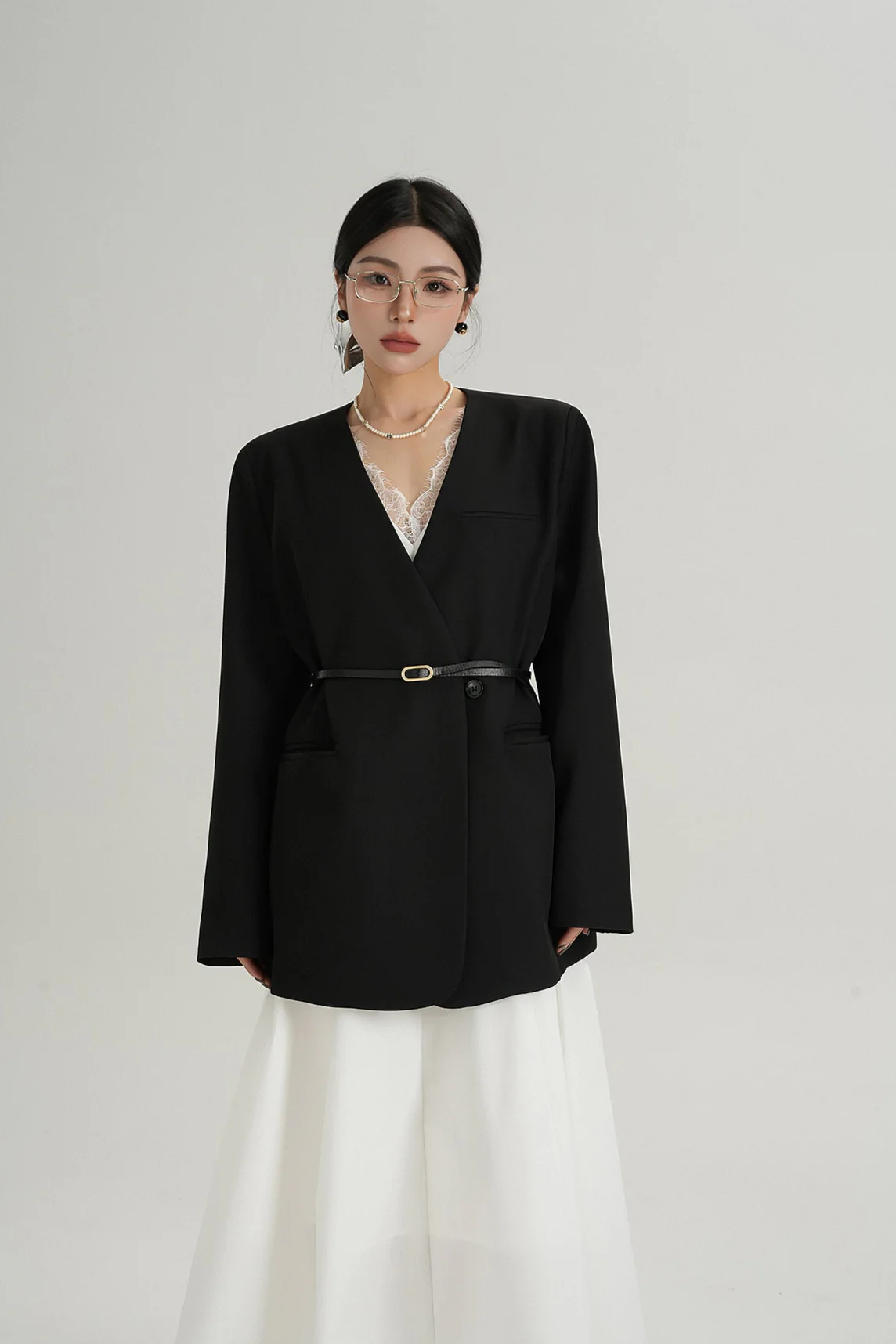 Oversized Lapelless Single-Button Blazer with Belt