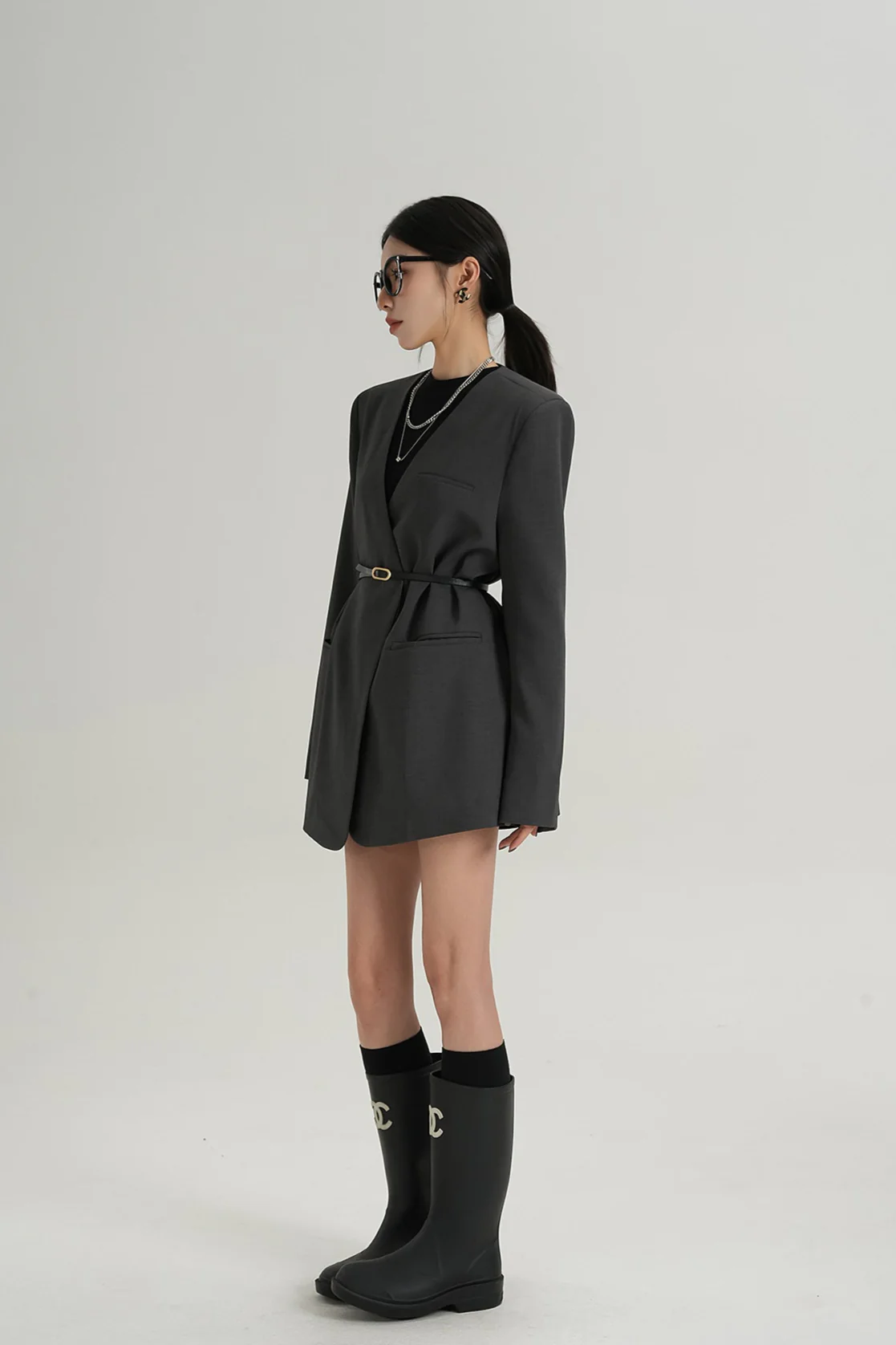 Oversized Lapelless Single-Button Blazer with Belt - Image 12