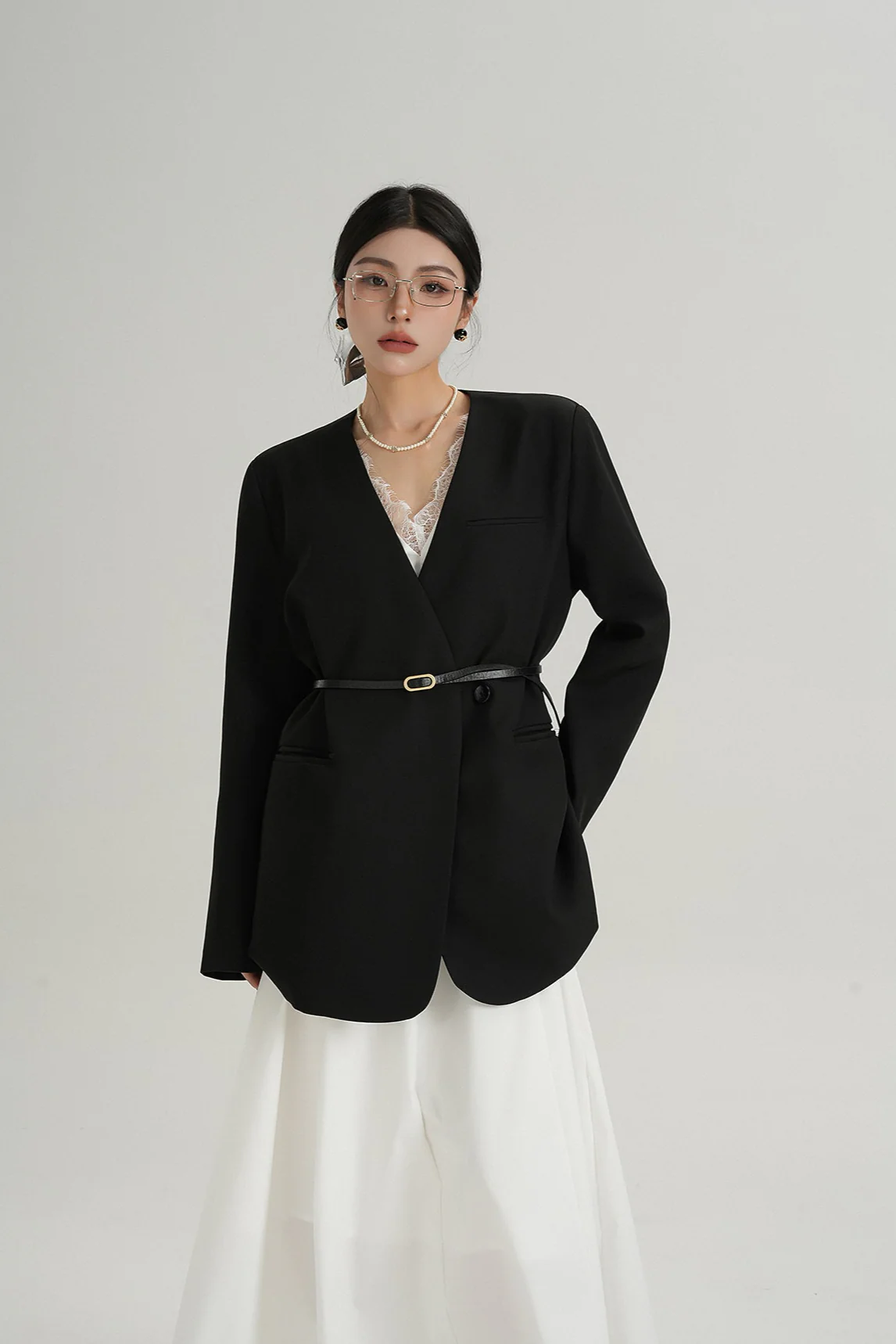 Oversized Lapelless Single-Button Blazer with Belt - Image 2