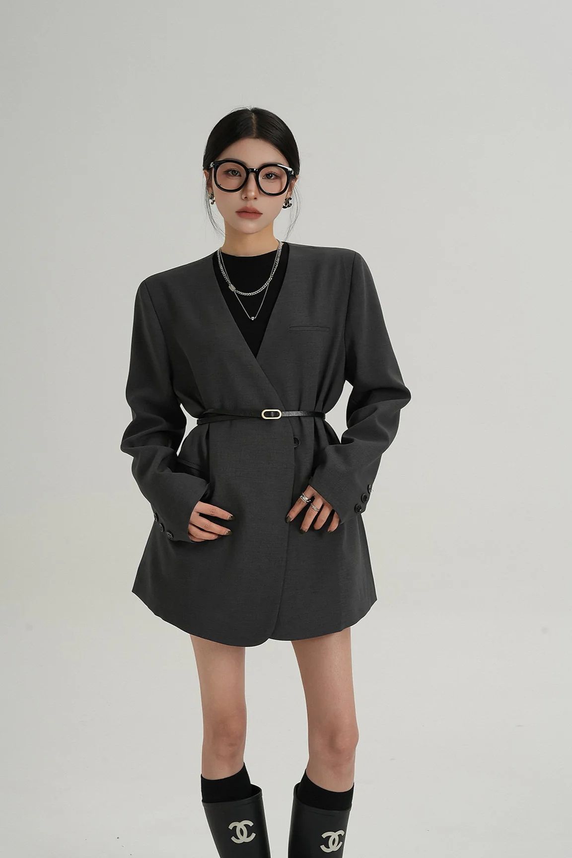 Oversized Lapelless Single-Button Blazer with Belt - Image 8