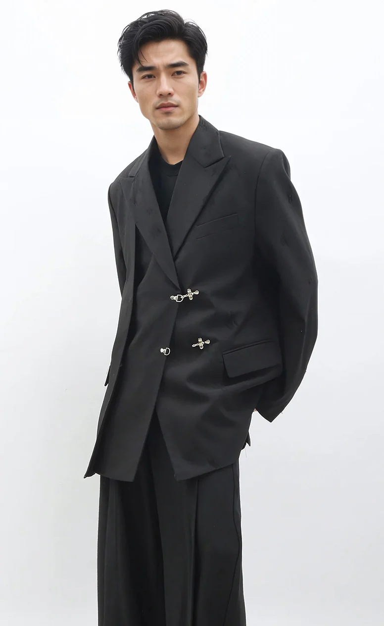 Oversized Layer-Pleated Blazer with Silver Accents - Image 3