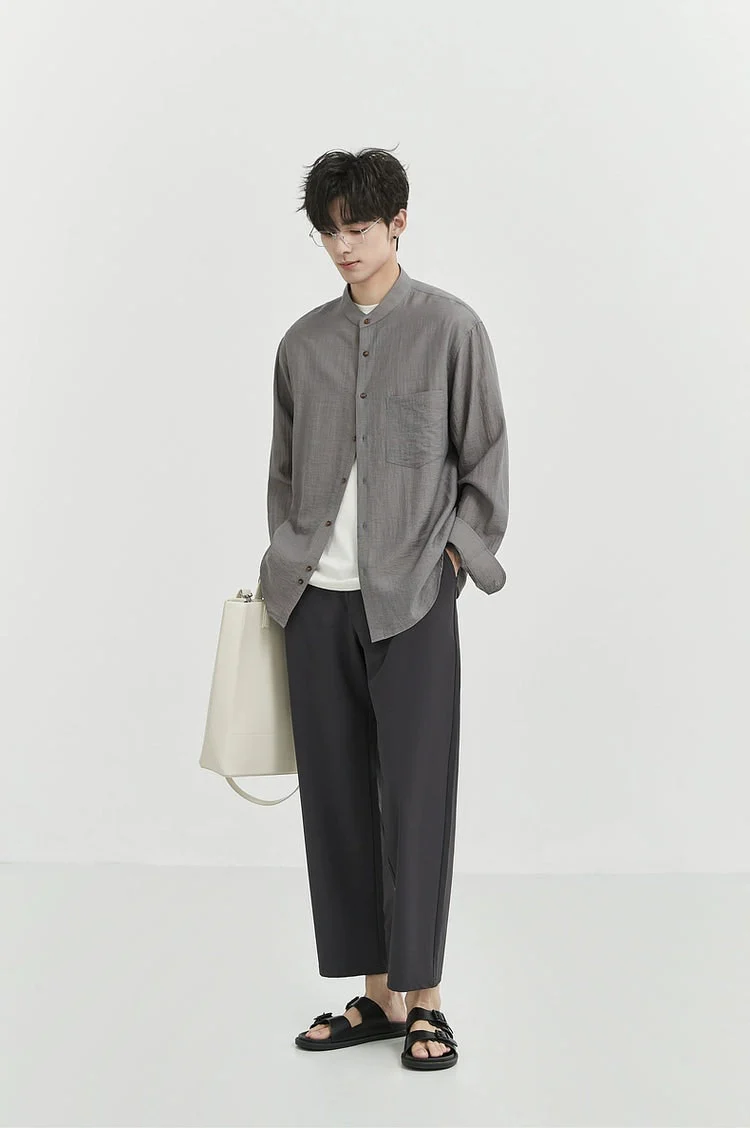 Oversized Linen Long Sleeve Shirt with Grandad Collar - Image 10