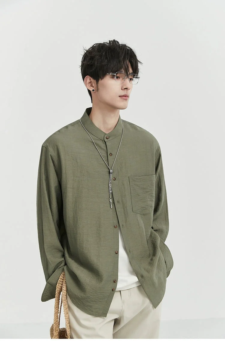 Oversized Linen Long Sleeve Shirt with Grandad Collar - Image 11