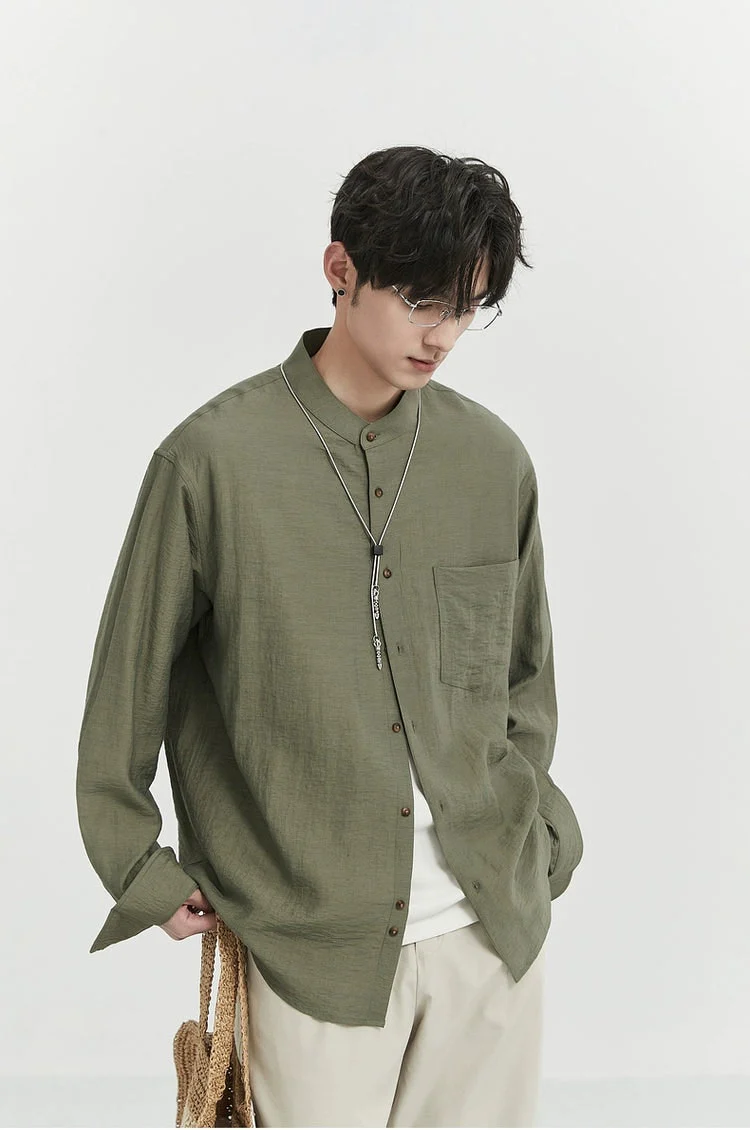 Oversized Linen Long Sleeve Shirt with Grandad Collar - Image 12