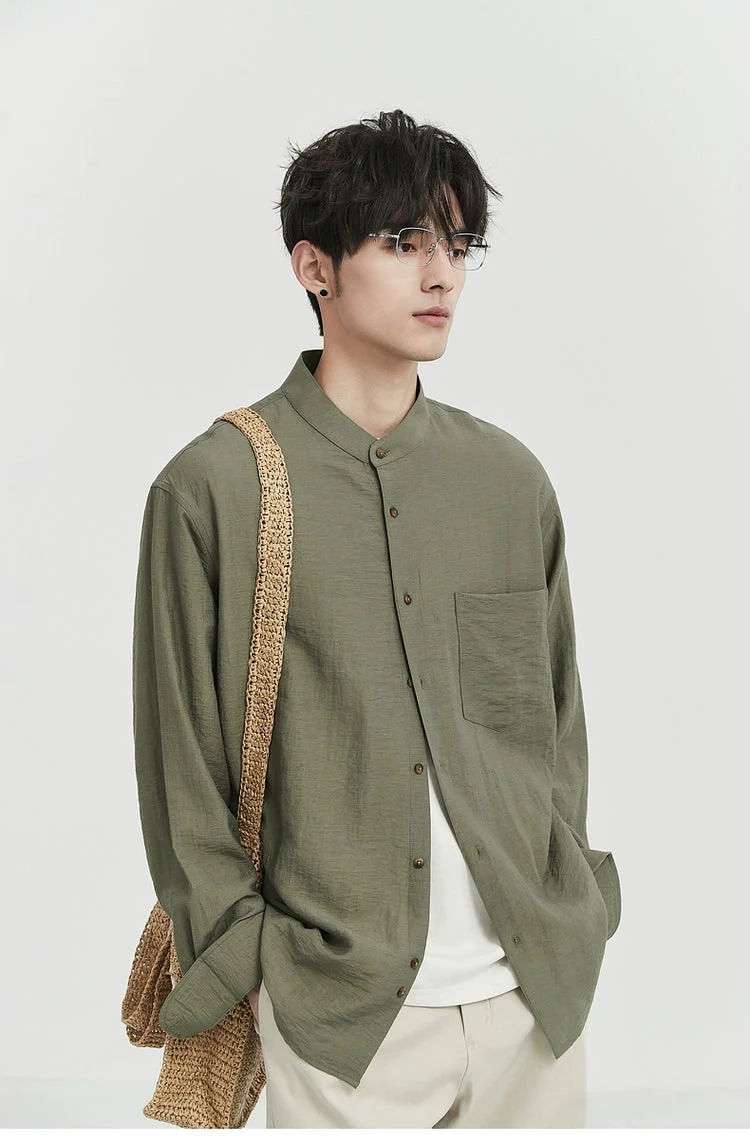 Oversized Linen Long Sleeve Shirt with Grandad Collar - Image 13