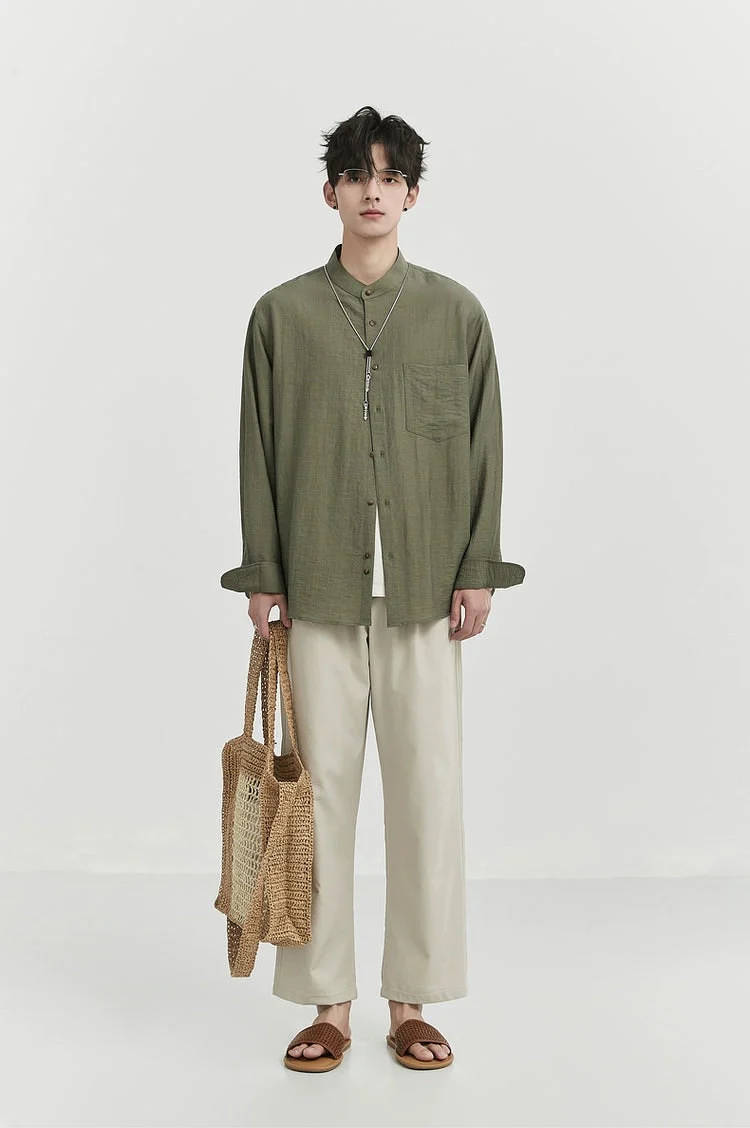 Oversized Linen Long Sleeve Shirt with Grandad Collar - Image 14
