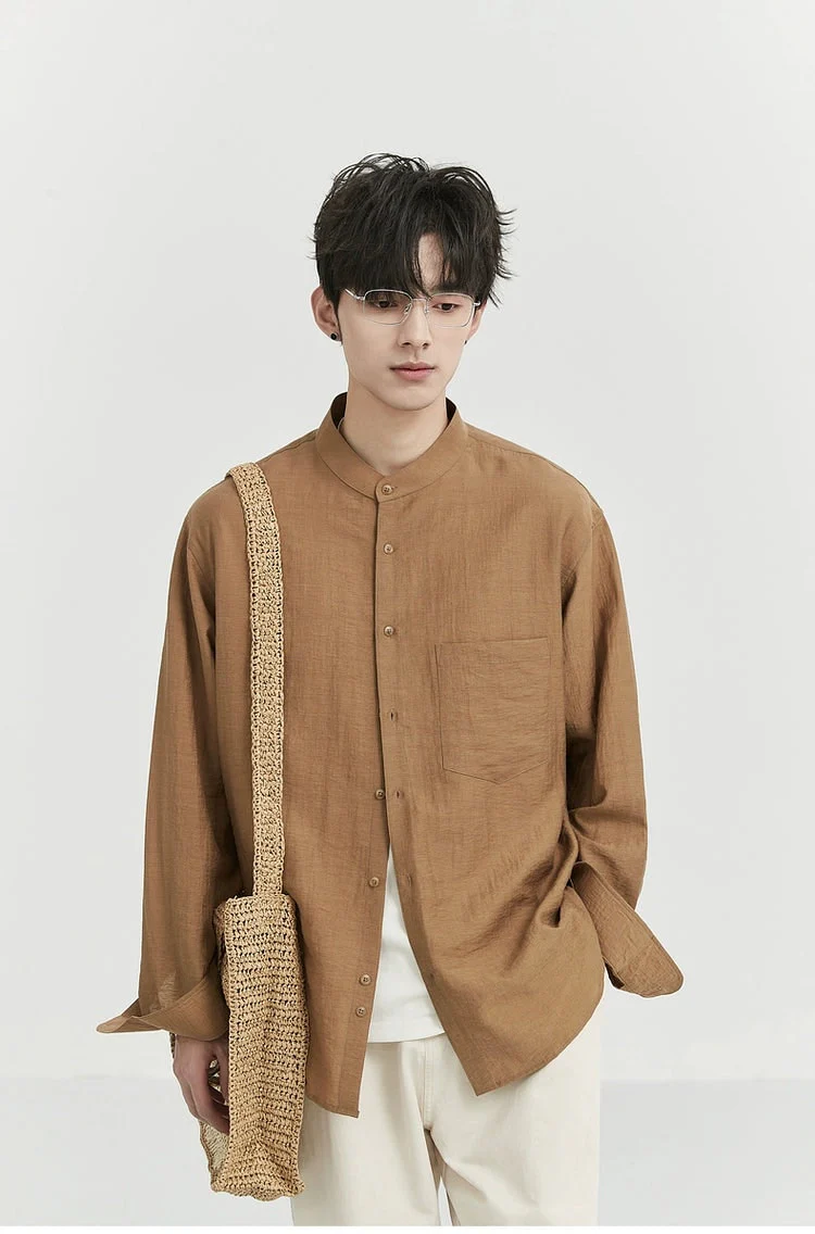 Oversized Linen Long Sleeve Shirt with Grandad Collar - Image 15