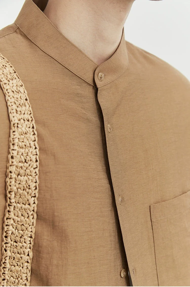 Oversized Linen Long Sleeve Shirt with Grandad Collar - Image 16
