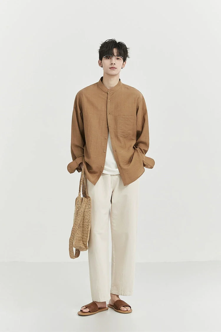 Oversized Linen Long Sleeve Shirt with Grandad Collar - Image 18