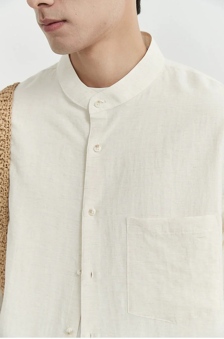 Oversized Linen Long Sleeve Shirt with Grandad Collar - Image 2