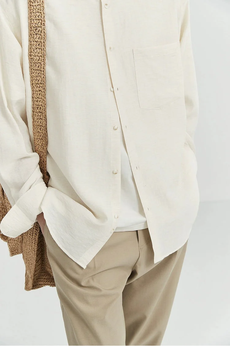 Oversized Linen Long Sleeve Shirt with Grandad Collar - Image 3