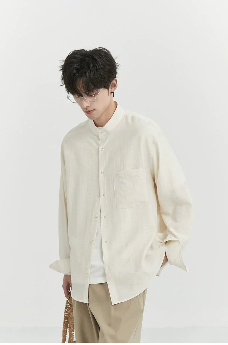 Oversized Linen Long Sleeve Shirt with Grandad Collar - Image 4