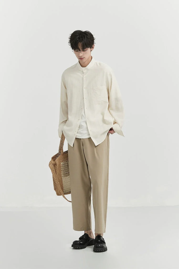 Oversized Linen Long Sleeve Shirt with Grandad Collar - Image 5