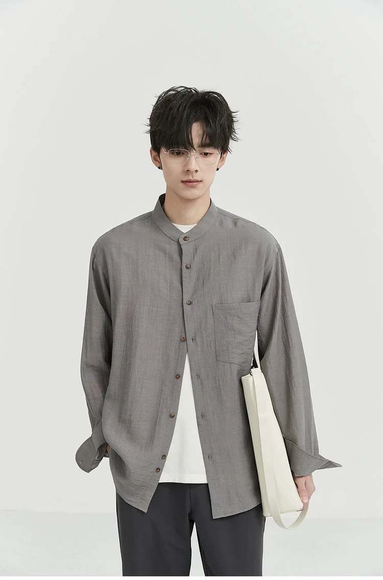 Oversized Linen Long Sleeve Shirt with Grandad Collar - Image 6