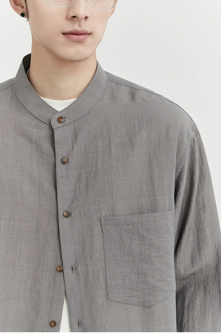 Oversized Linen Long Sleeve Shirt with Grandad Collar - Image 7