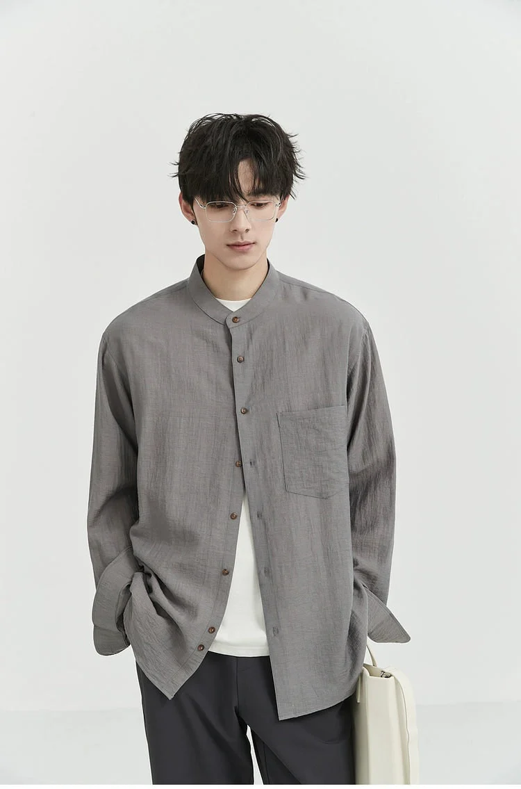 Oversized Linen Long Sleeve Shirt with Grandad Collar - Image 8